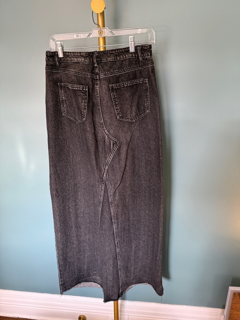 Dressed in LALA Black Denim Skirt, front slit and asymmetrical button - Picture 5 of 5